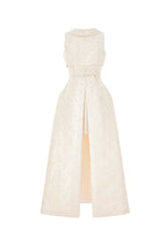 BEADED BROCADE COWL NECK LONG DRESS