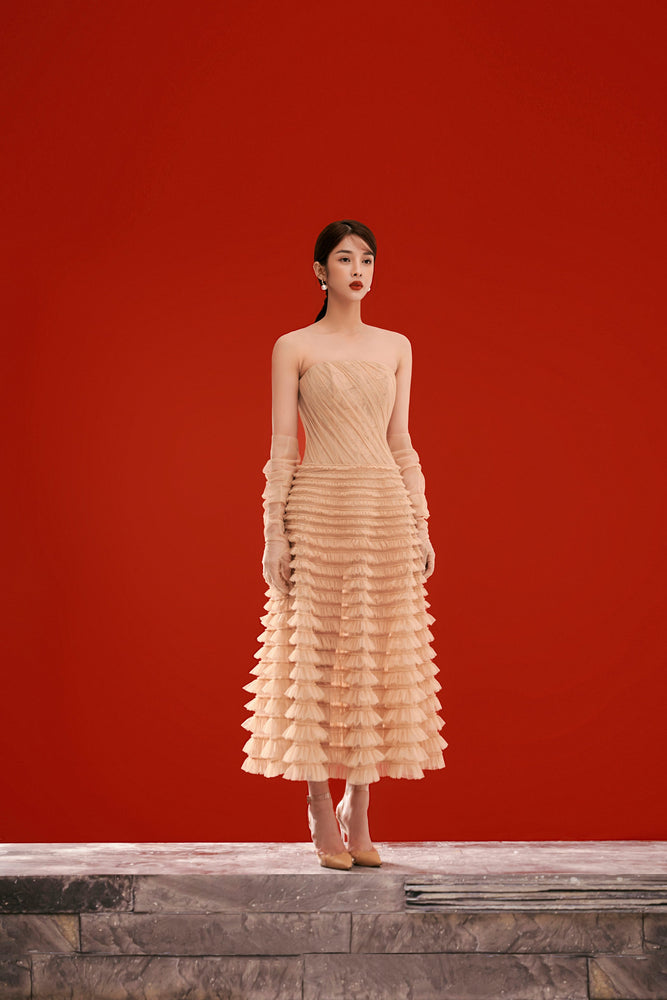 Beige Draped Midi Dress