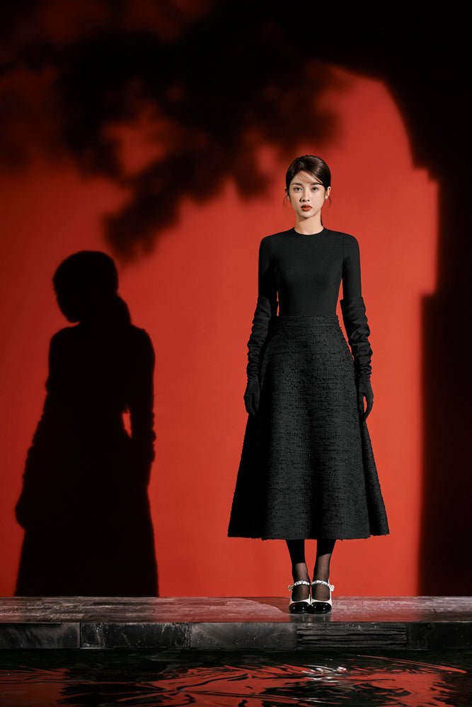 Black Tweed Midi Skirt