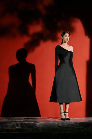 Black Jersey Draped Midi Dress