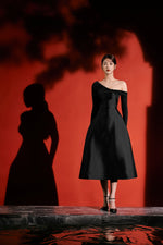 Black Jersey Draped Midi Dress