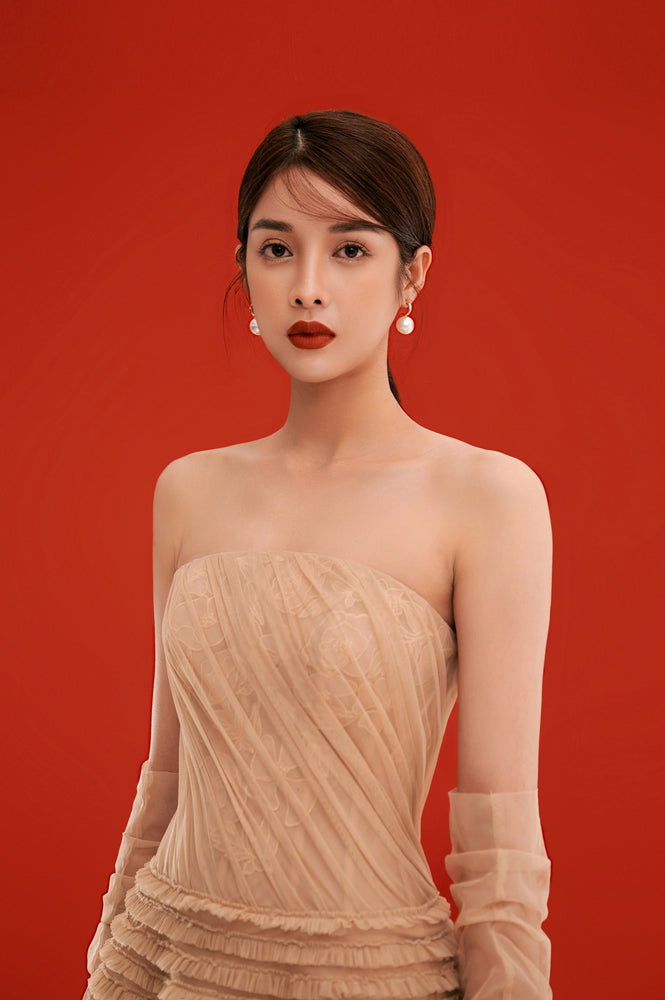 Beige Draped Midi Dress
