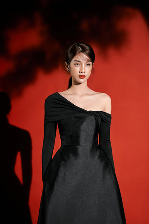 Black Jersey Draped Midi Dress
