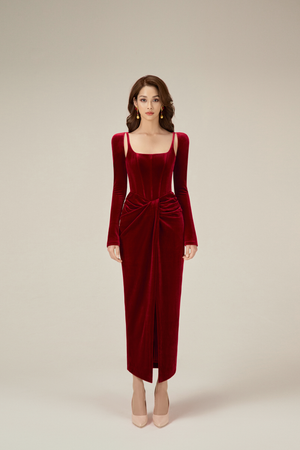 BORDEAUX VELVET DRAPED DRESS
