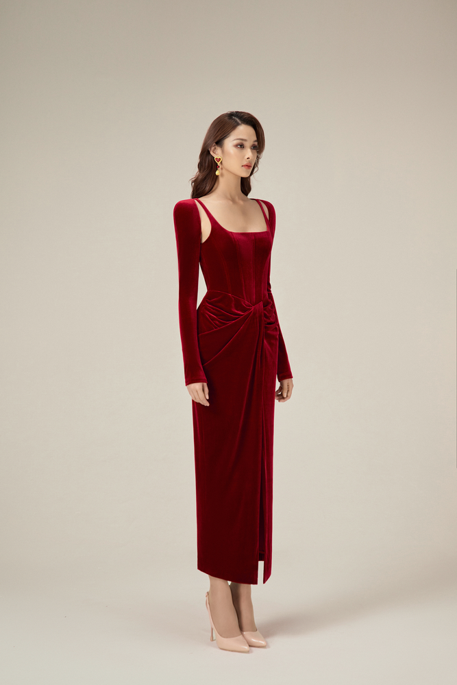 BORDEAUX VELVET DRAPED DRESS