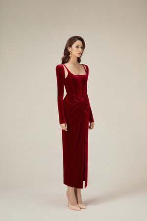 BORDEAUX VELVET DRAPED DRESS