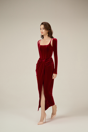 BORDEAUX VELVET DRAPED DRESS