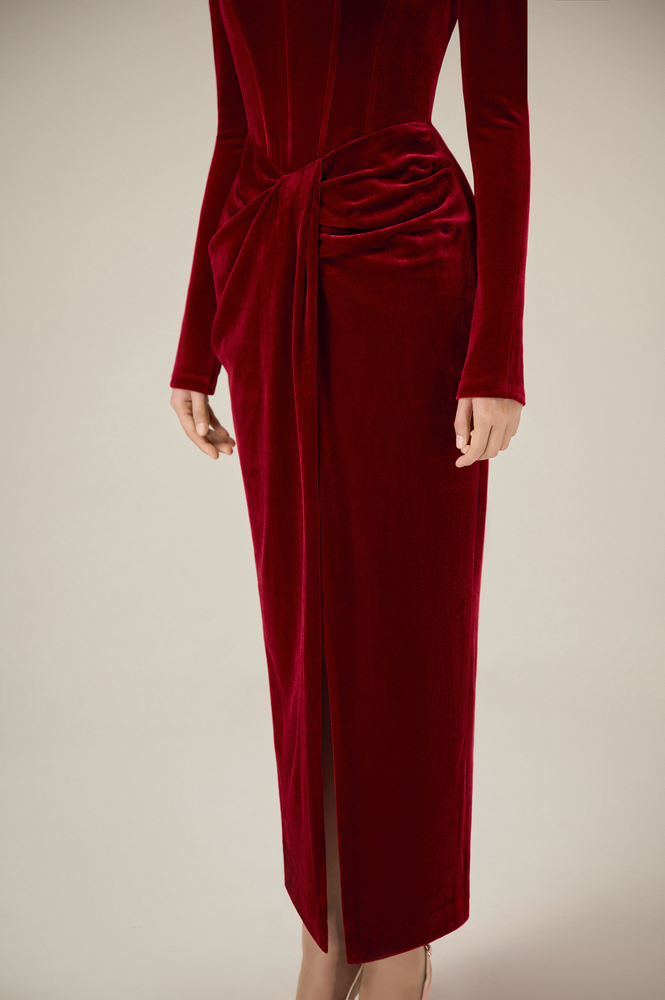 BORDEAUX VELVET DRAPED DRESS