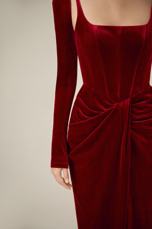 BORDEAUX VELVET DRAPED DRESS