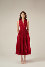 RED SMOCKED MIDI DRESS