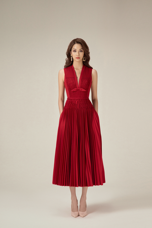 RED SMOCKED MIDI DRESS