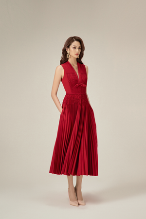 RED SMOCKED MIDI DRESS