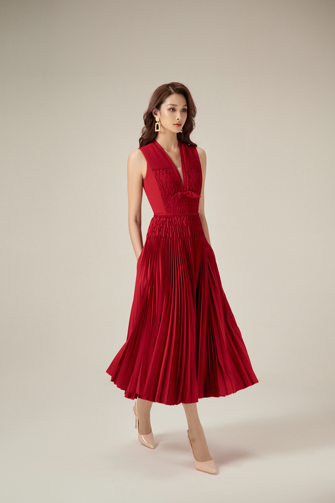 RED SMOCKED MIDI DRESS
