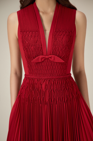 RED SMOCKED MIDI DRESS