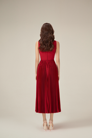 RED SMOCKED MIDI DRESS