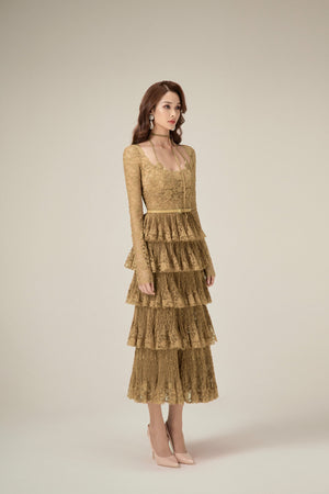 GOLD LACE LAYERED DRESS