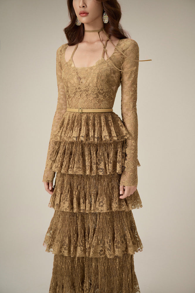 
            
                Load image into Gallery viewer, GOLD LACE LAYERED DRESS
            
        