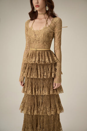 GOLD LACE LAYERED DRESS
