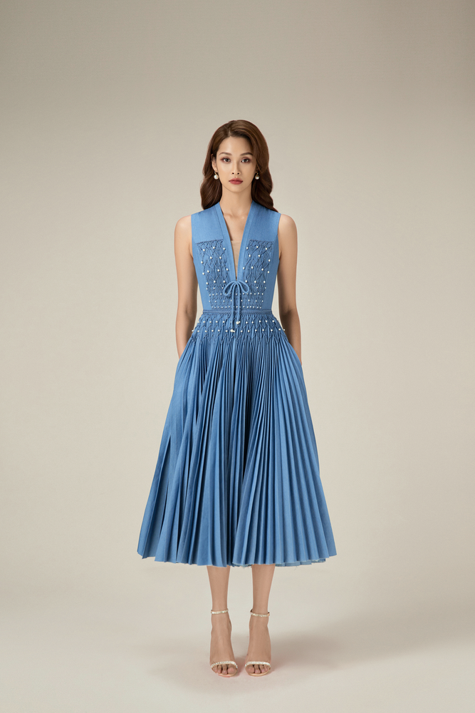 DENIM SMOCKED MIDI DRESS