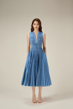DENIM SMOCKED MIDI DRESS