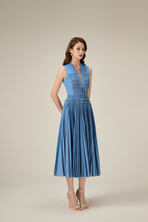 DENIM SMOCKED MIDI DRESS