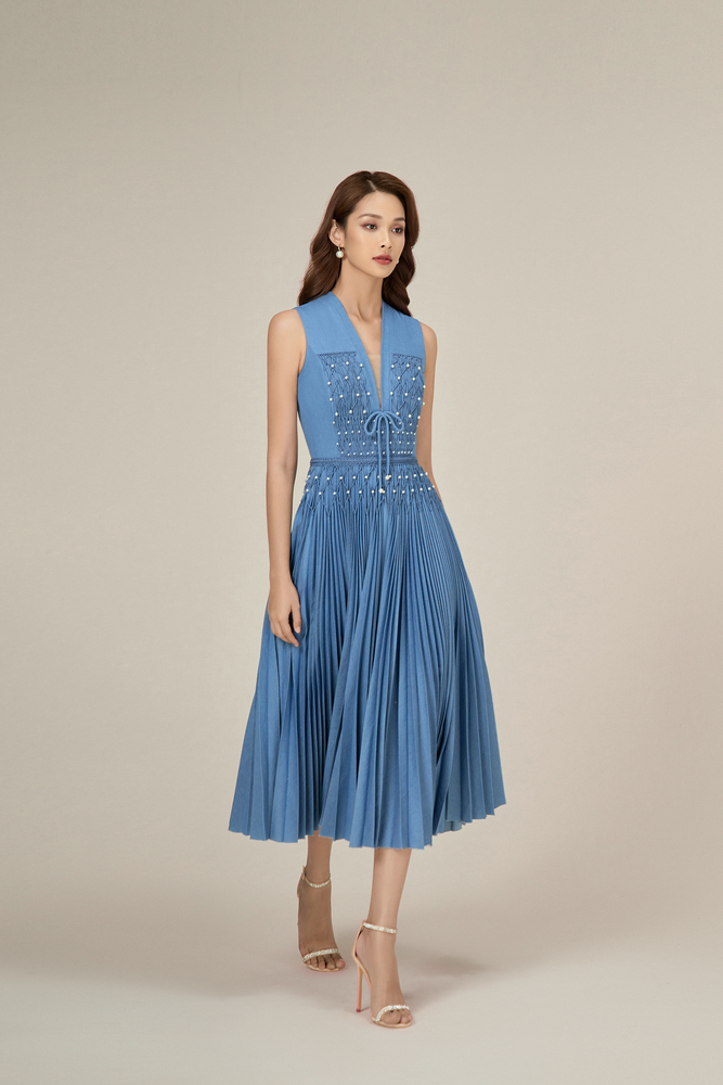 DENIM SMOCKED MIDI DRESS