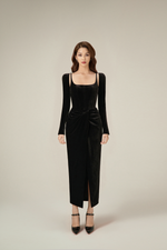BLACK VELVET DRAPED DRESS