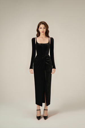 BLACK VELVET DRAPED DRESS