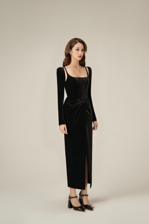 BLACK VELVET DRAPED DRESS