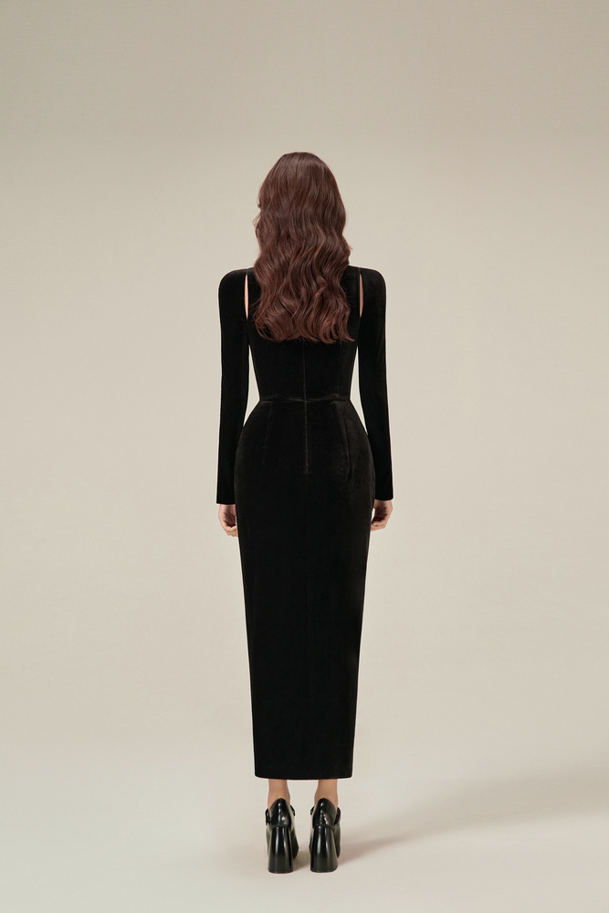 BLACK VELVET DRAPED DRESS