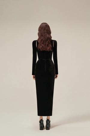 BLACK VELVET DRAPED DRESS