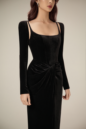 BLACK VELVET DRAPED DRESS