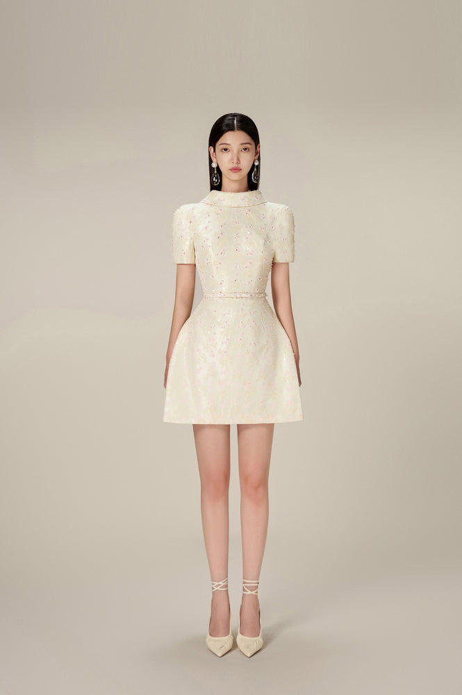 BEADED BROCADE COWL NECK DRESS