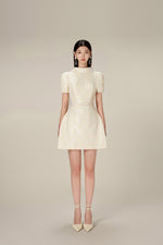 BEADED BROCADE COWL NECK DRESS