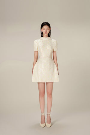 BEADED BROCADE COWL NECK DRESS