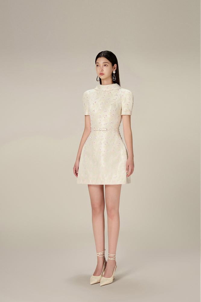 BEADED BROCADE COWL NECK DRESS