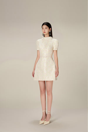 BEADED BROCADE COWL NECK DRESS