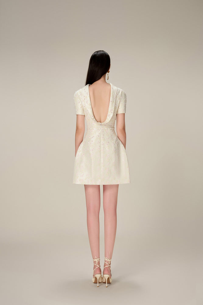BEADED BROCADE COWL NECK DRESS