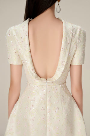 BEADED BROCADE COWL NECK DRESS