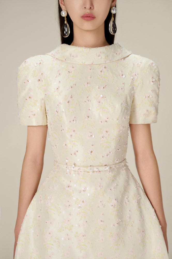 BEADED BROCADE COWL NECK DRESS