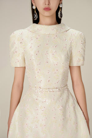 BEADED BROCADE COWL NECK DRESS