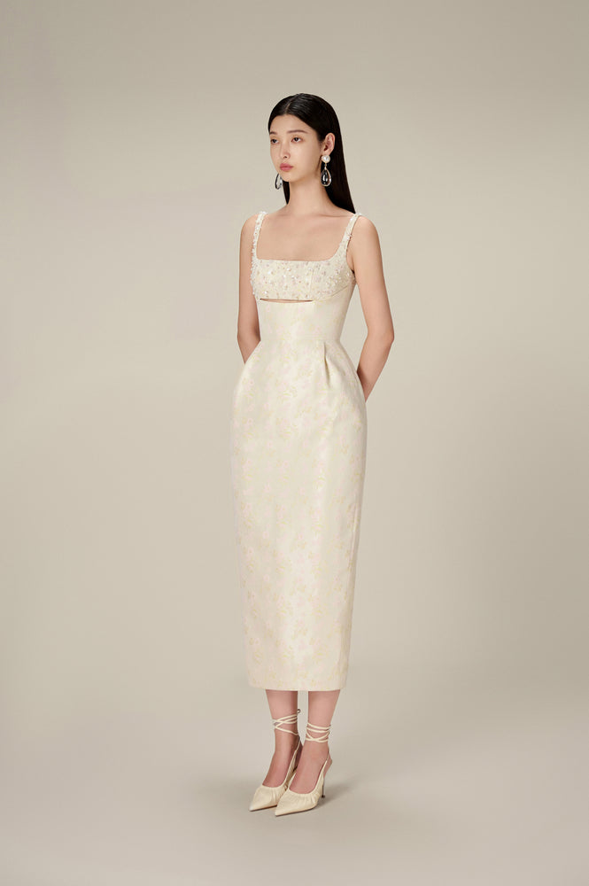 BEADED BROCADE PENCIL DRESS