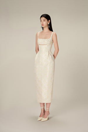 BEADED BROCADE PENCIL DRESS