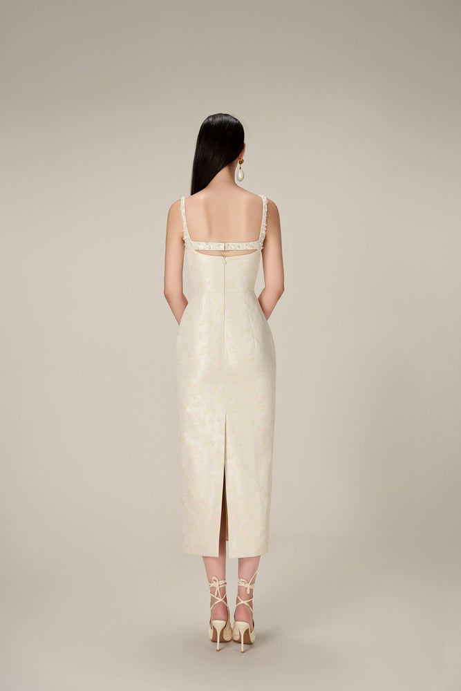 BEADED BROCADE PENCIL DRESS