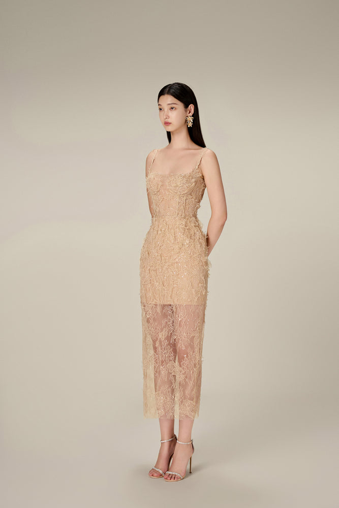 
            
                Load image into Gallery viewer, IVORY BEADED LACE PENCIL DRESS
            
        