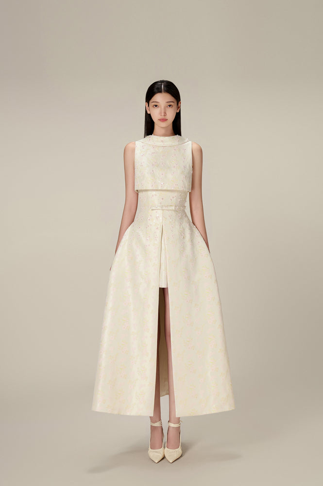 BEADED BROCADE COWL NECK LONG DRESS