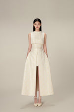 BEADED BROCADE COWL NECK LONG DRESS