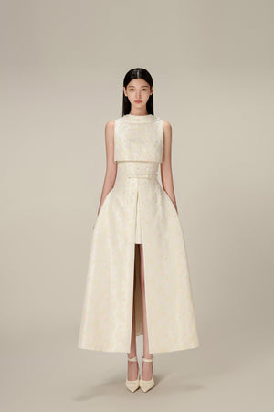BEADED BROCADE COWL NECK LONG DRESS