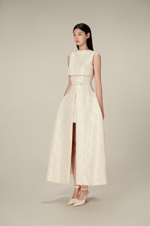 BEADED BROCADE COWL NECK LONG DRESS