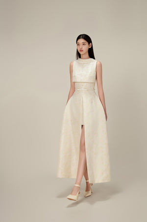 BEADED BROCADE COWL NECK LONG DRESS
